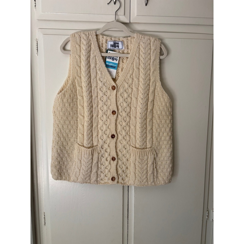 John Molloy Donegal Ireland Hand Fashioned Cable Knit Wool Vest Cream Womens M
